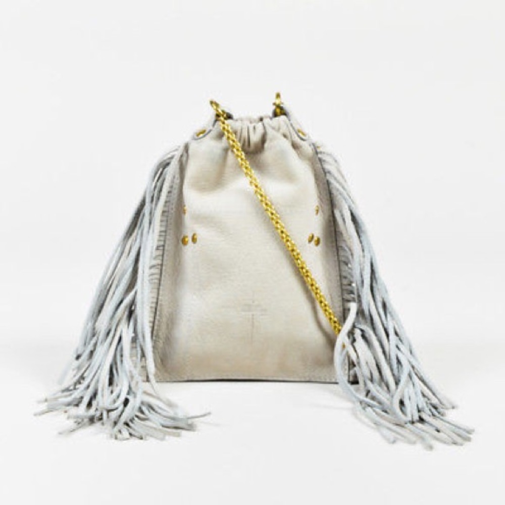 Jerome Dreyfuss Gray Pebbled Leather Fringe Trim "Small Gary" Crossbody Bag